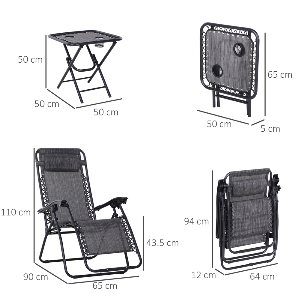 3PC Zero Gravity Chairs Sun Lounger Table Set Cup Holders Light Grey Outsunny