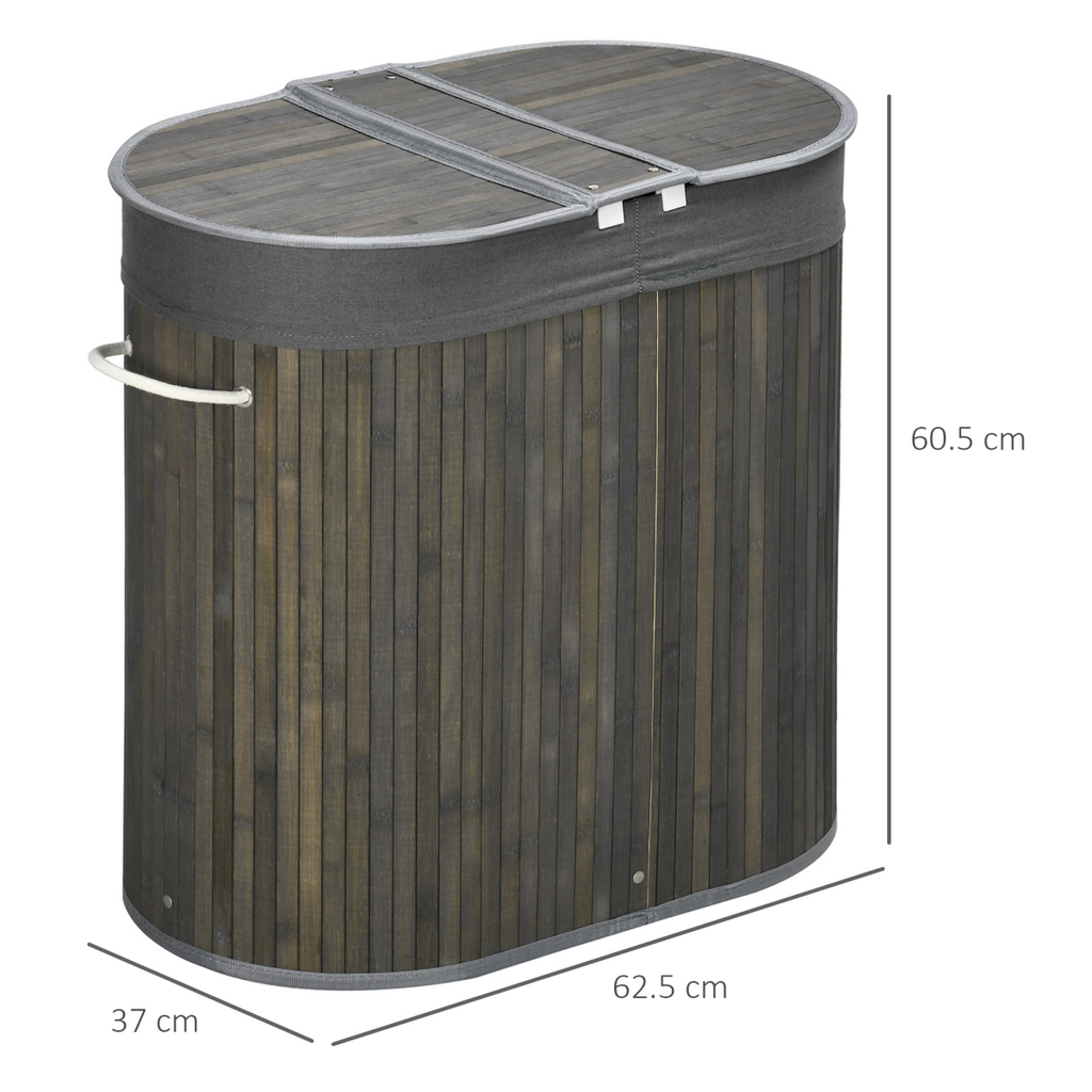 100L Bamboo Laundry Basket with 2 Compartments Washing Baskets Grey HOMCOM