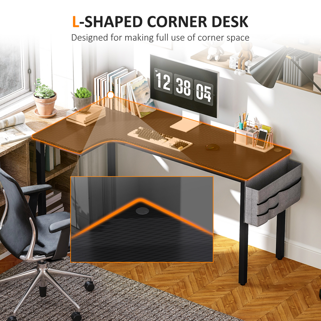 HOMCOM L-Shaped Corner Desk Computer with Fabric Bag and Hooks, Black