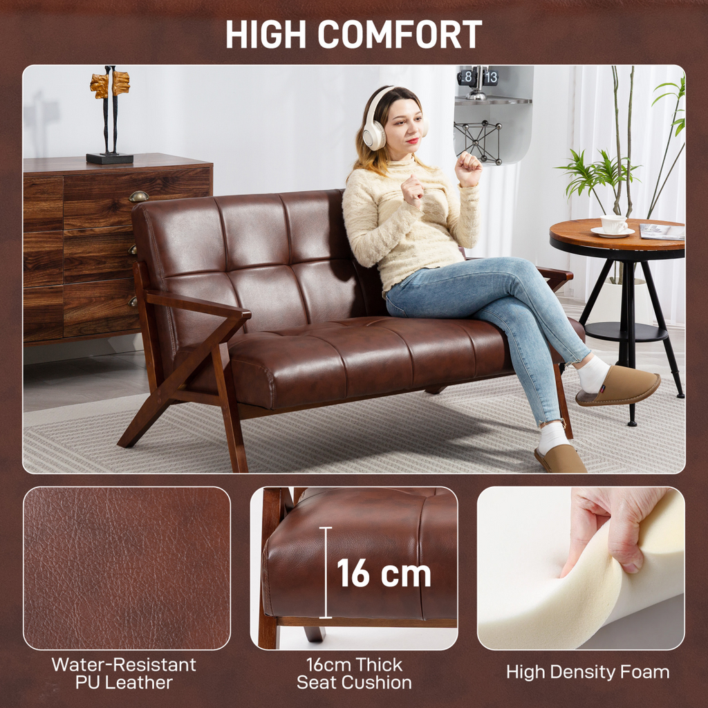 HOMCOM Compact Small Sofa with Solid Wood Frame, Vintage 2 Seater Sofa Brown