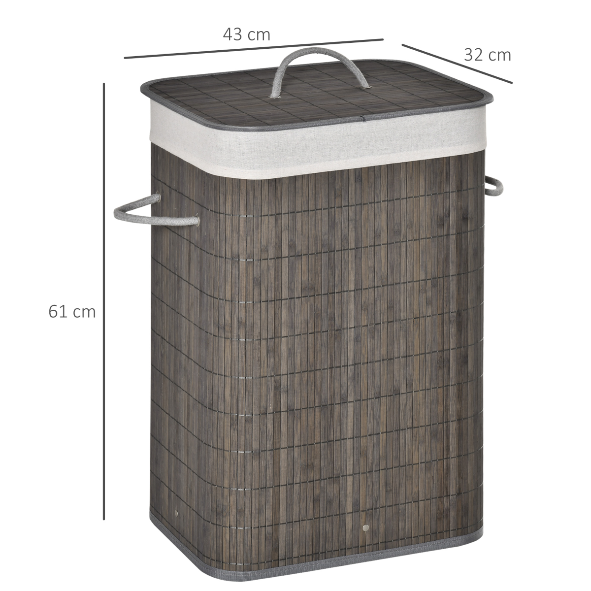 Bamboo Laundry Basket with Flip Lid Foldable, Grey Handles Lining