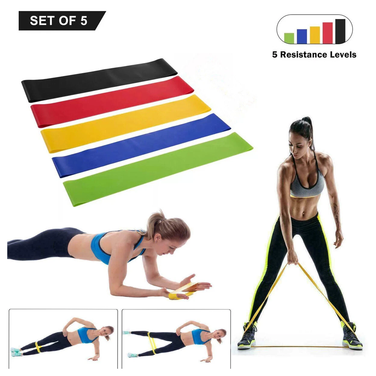 Set of 5 Resistance Exercise Loop Bands Fitness Yoga Resistance Band TPE Colorful