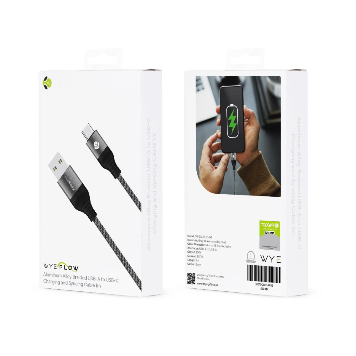 WYEFLOW Aluminum Alloy Braided USB-A to USB-C Charging and Syncing Cable 2m