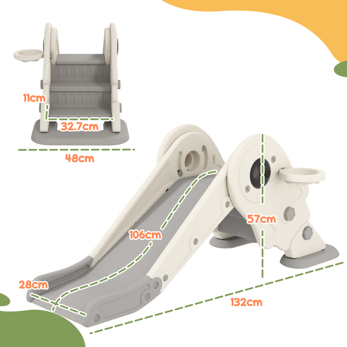 AIYAPLAY 3 in1 Kids Slide with Basketball Hoop, Climber, Cream White