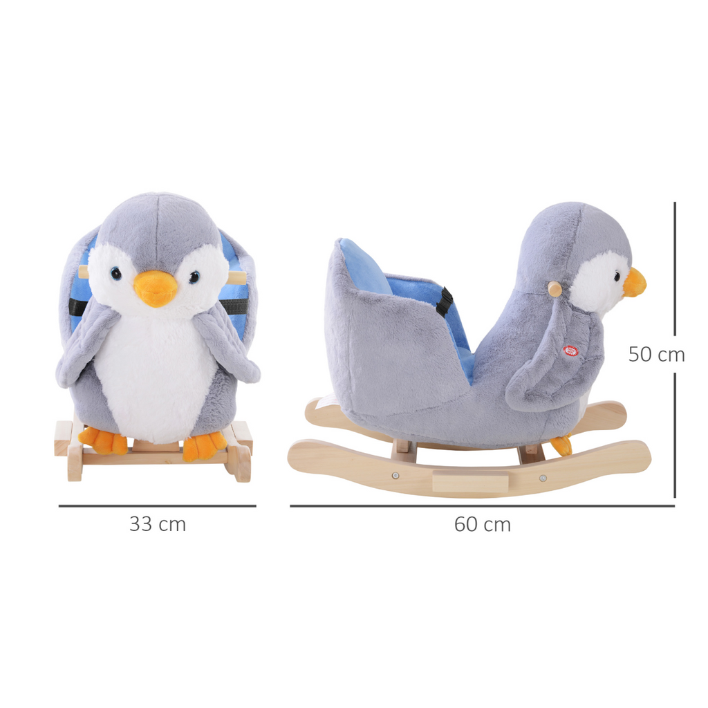 Animal Baby Rocking Horse Penguin Plush Musical Button w/32 Songs Wood