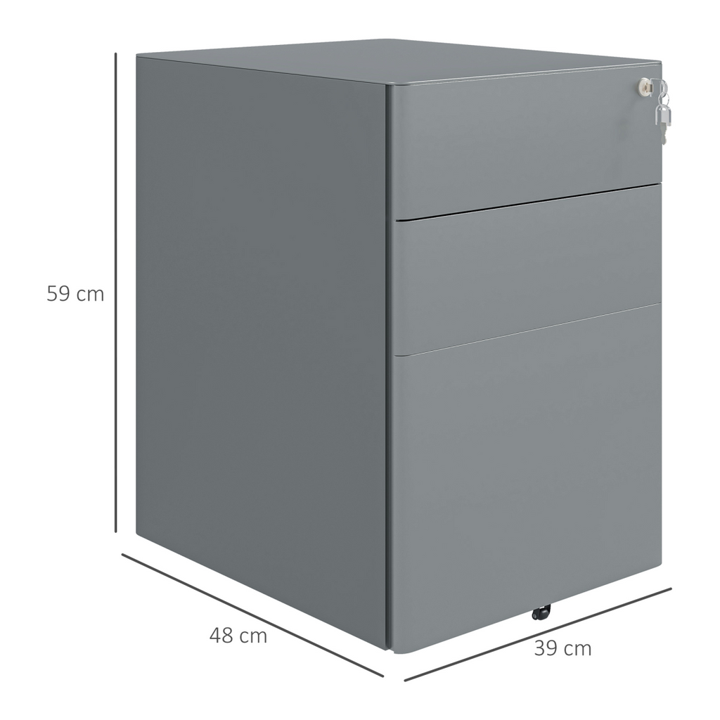 Vinsetto 3 Drawer Metal Filing Cabinet Lockable 5 Wheels Compact Under Desk Grey
