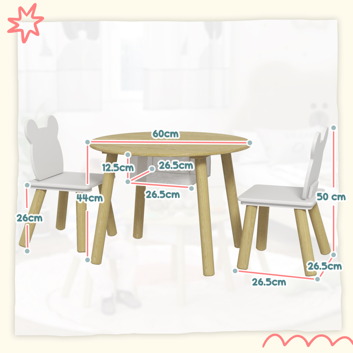 AIYAPLAY 3 Pieces Toddler Table and Chair Set with Centre Mesh Bag