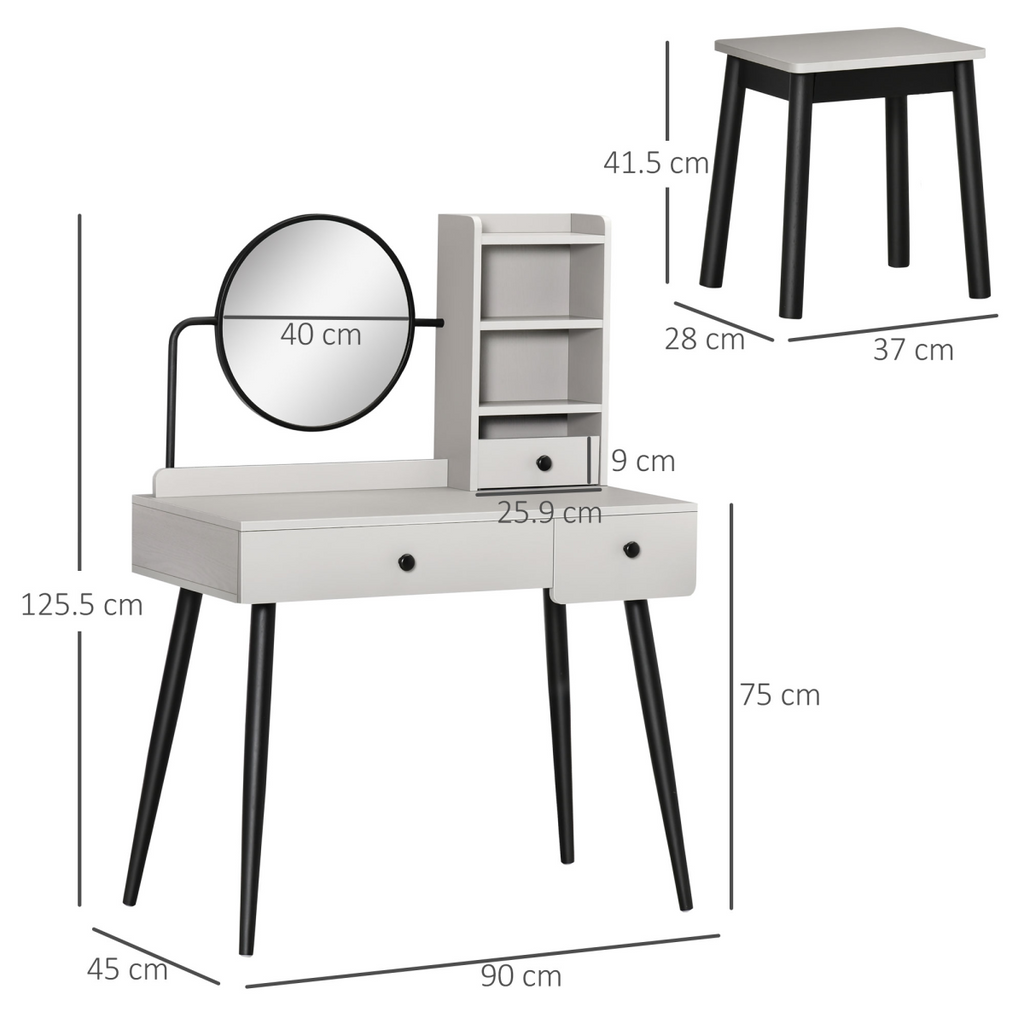 Dressing Table Set with 3 Drawers, Storage shelves and Stool, Grey