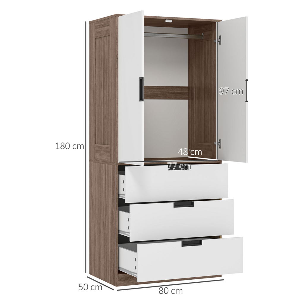 HOMCOM 2 Door Wardrobe Brown Wardrobe with 3 Drawer and Hanging Rod Brown