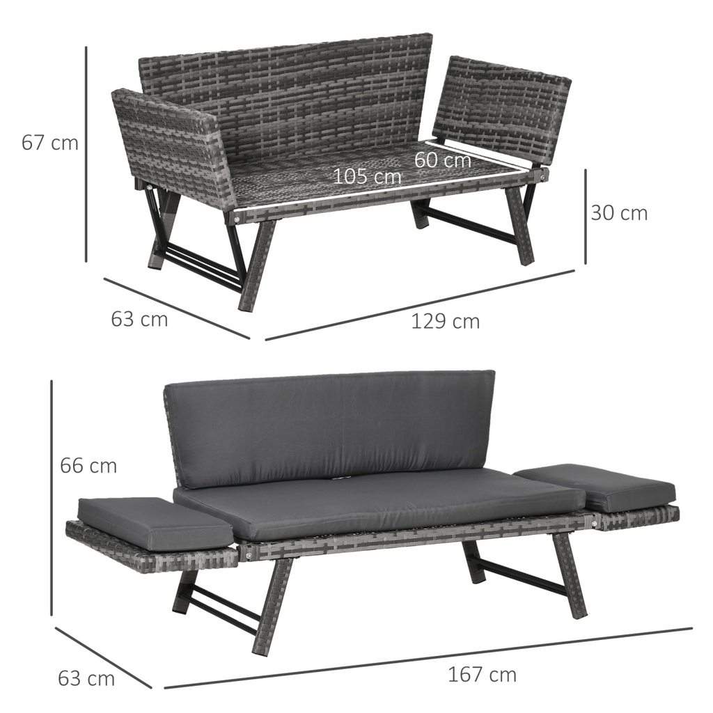 2 in 1 Rattan Folding Daybed Sofa Grey w/Cushion