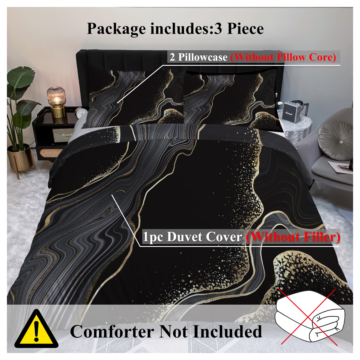 Black Gold Grey Marble Bedding Watercolor Marble Duvet Cover Set Abstract Chic Printed Design Quilt Cover Single 1 Duvet Cover 2 Pillowcase
