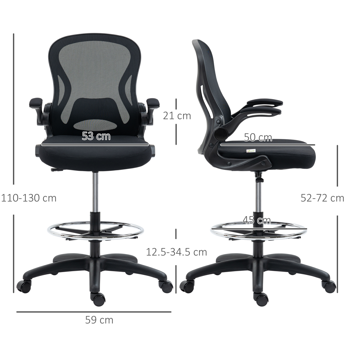 Vinsetto Draughtsman Chair Tall Office Chair with Adjustable Footrest Ring Black