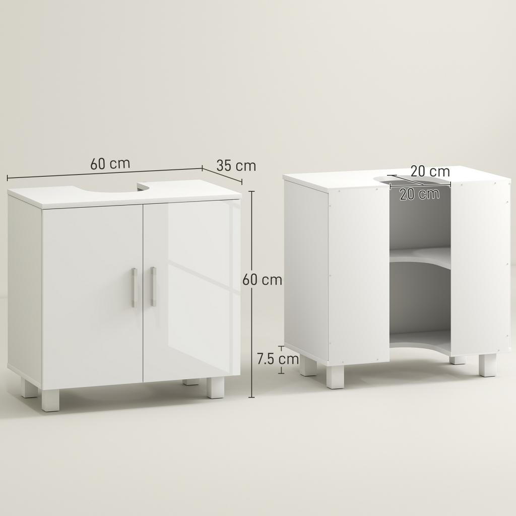 HOMCOM Freestanding Bathroom High Gloss Under Sink Cabinet, White