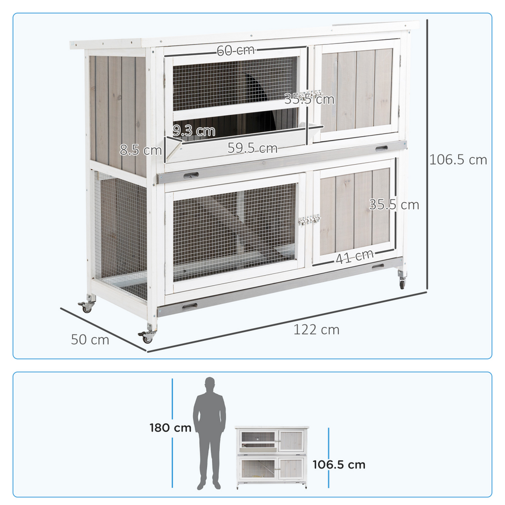 Two-Tier Wooden Rabbit Hutch w/ Wheels, Trough, Rain Cover, Tray - Grey Pawhut