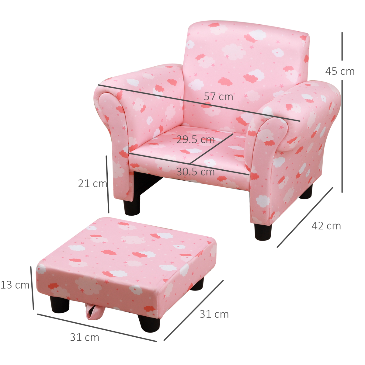 Cute Cloud Star Kids Children Armchair Mini Seat Wood with Footrest Padding Pink