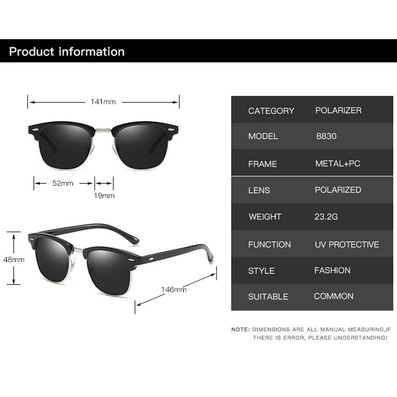 Mens Black Horn Rimmed Half Frame Polarised Driving Fishing Sunglasses UV400
