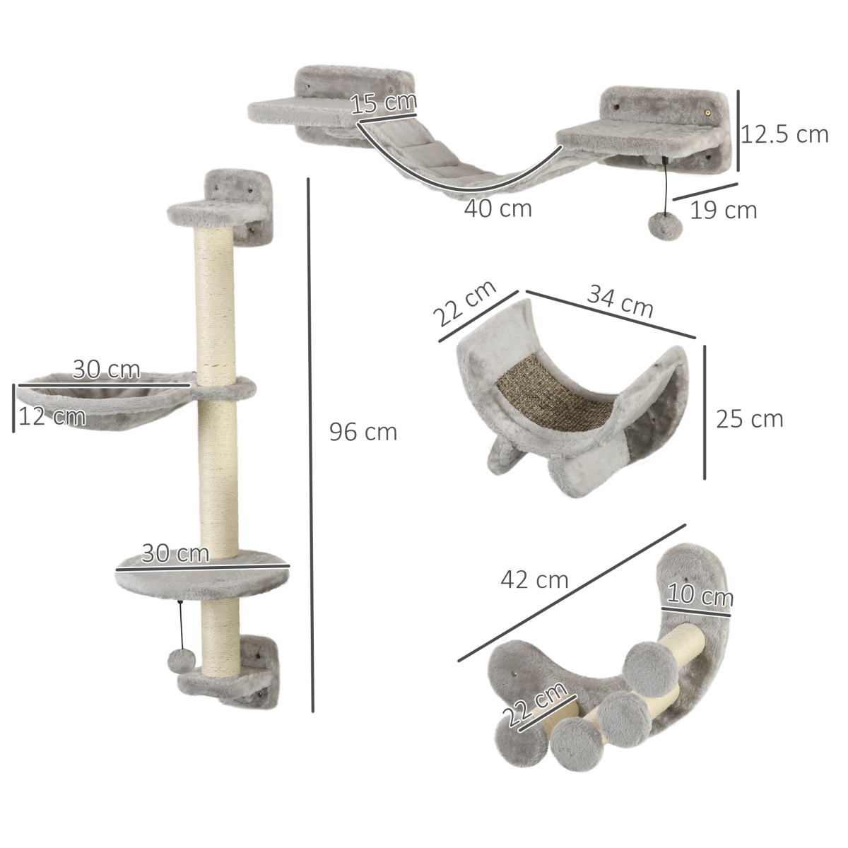 PawHut 4PCs Cat Wall Furniture with Hammock, Ladder, Platforms, Steps, Grey