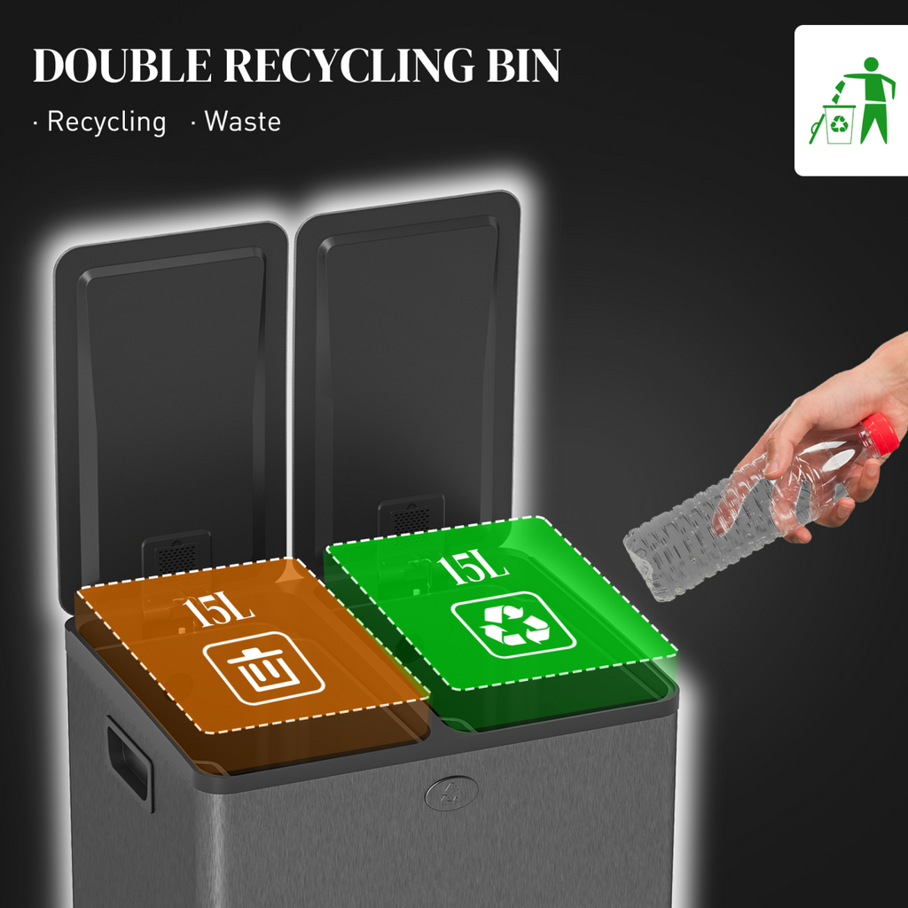HOMCOM 2 x 15L Dual Kitchen Bin Pedal Bin for Recycling and Waste, Black