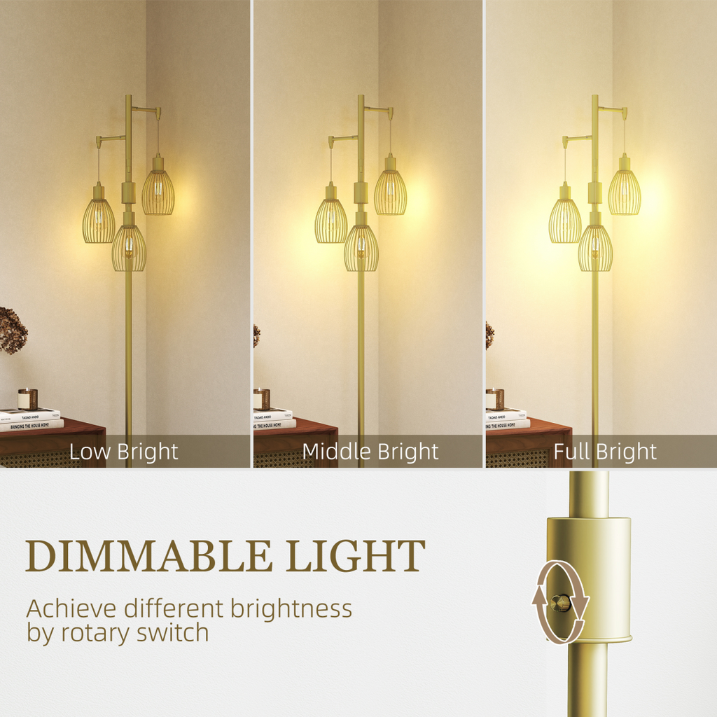 HOMCOM Industrial 3-Light Floor Lamp Dimmable Standing Lamp, Gold