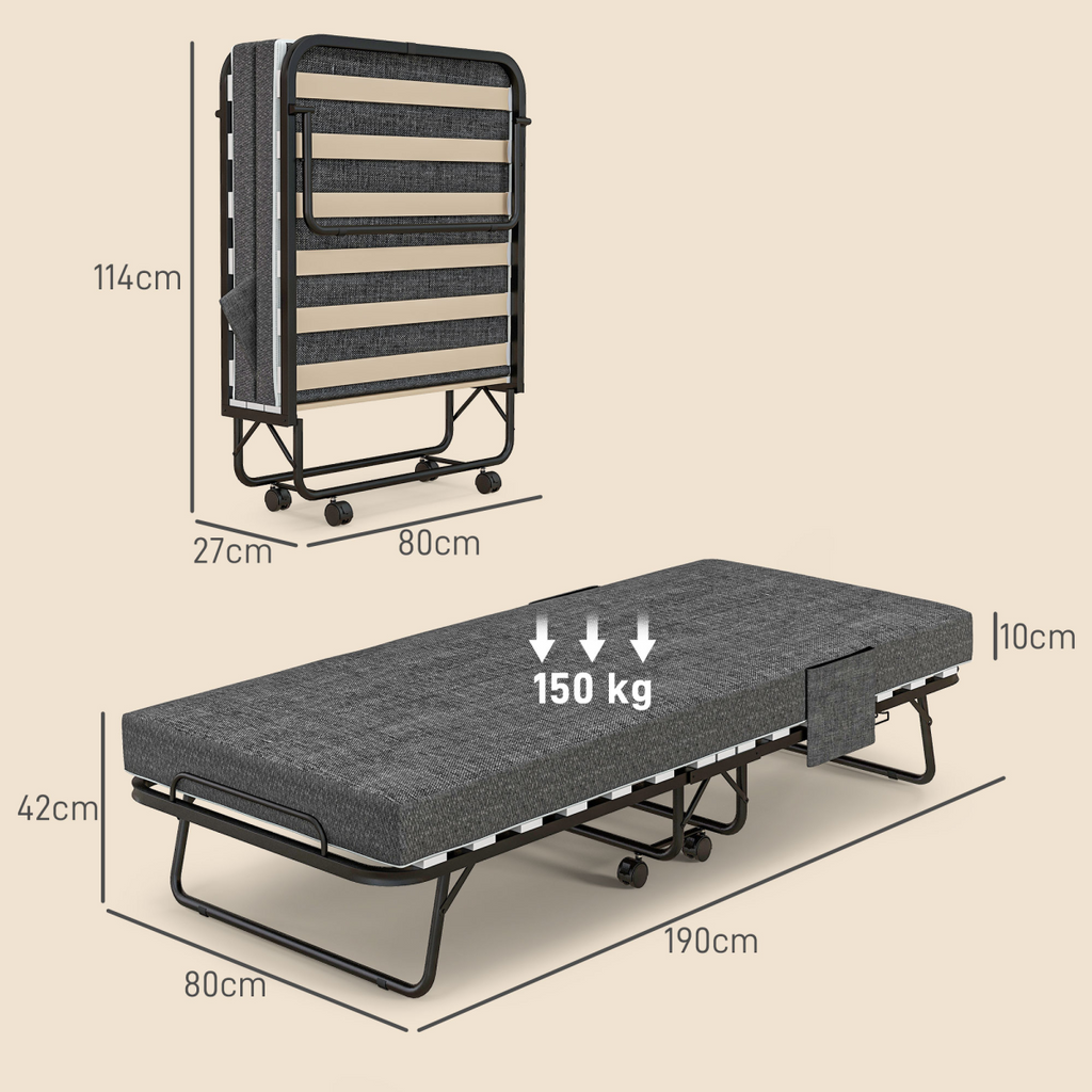 HOMCOM Folding Bed with Mattress Foldable Guest Bed on Wheels with Cover Dark Grey
