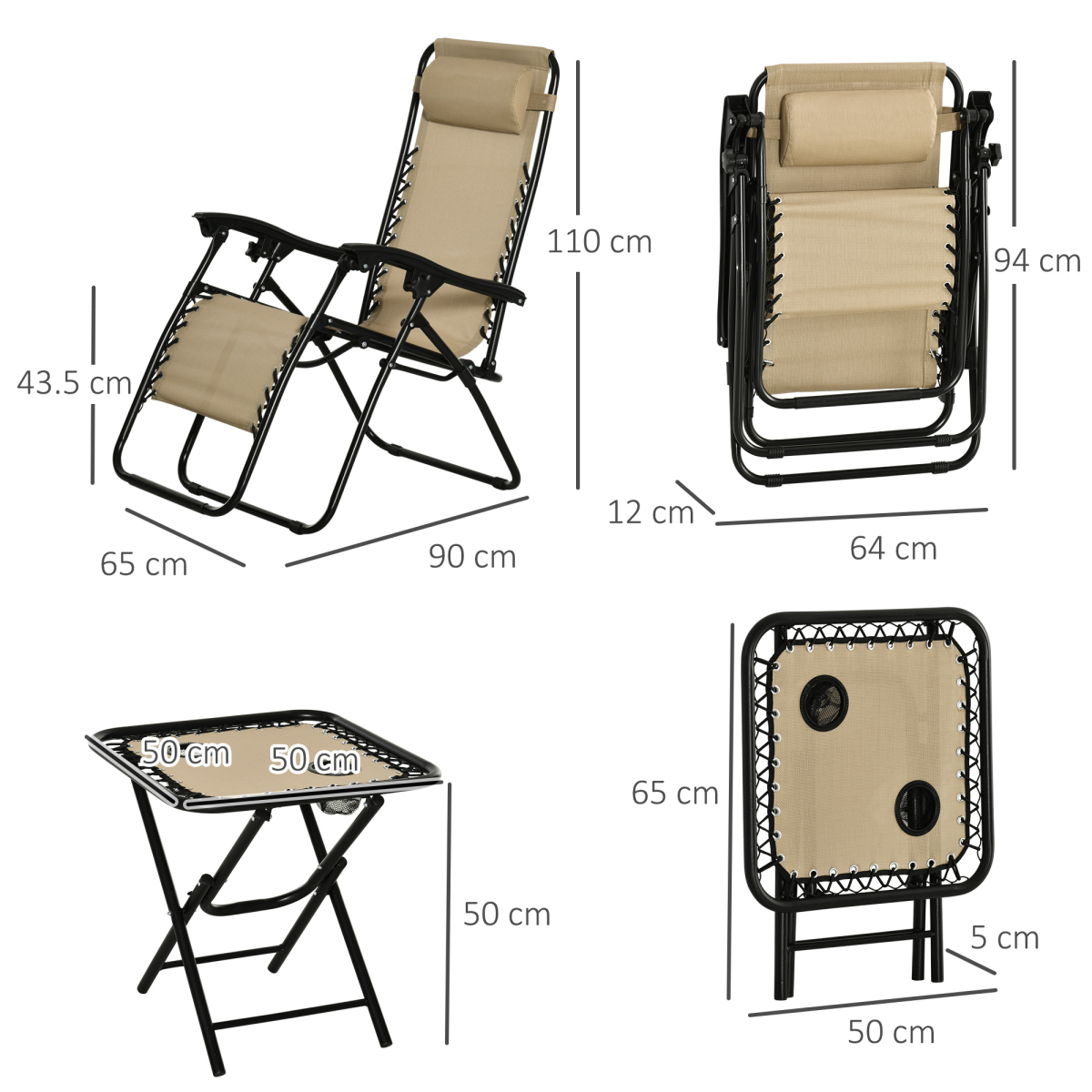 3PC Zero Gravity Chairs Sun Lounger Table Set w/ Cup Holders, Beige Outsunny