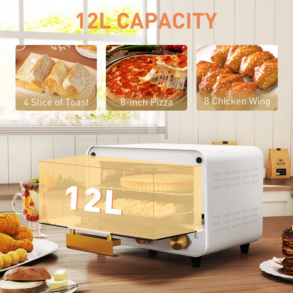 HOMCOM Small Toaster Oven, 12L Mini Countertop Oven with Glass Door, White