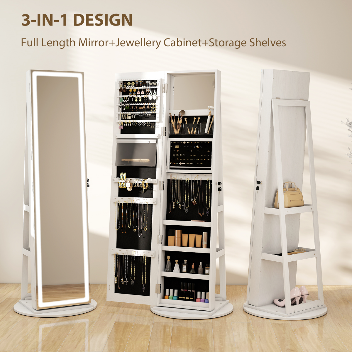 HOMCOM 360° Swivel Jewellery Cabinet, Full Length Mirror with Storage, White
