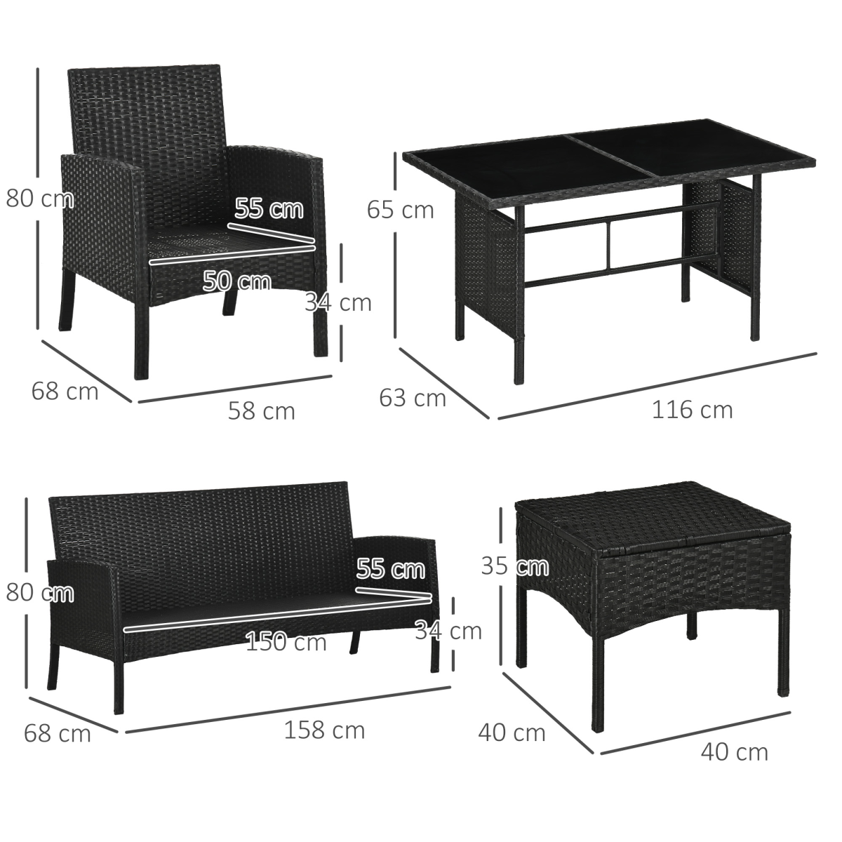 Outsunny Rattan Garden Furniture Sofa Set, 2 Armchairs 2 Footstools Table White