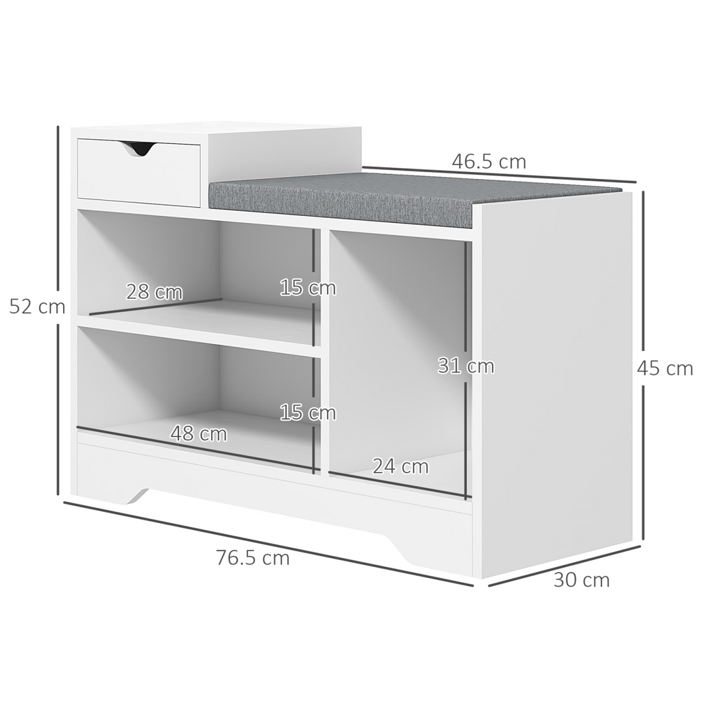 HOMCOM Upholstered Entryway Shoe Bench with Storage Drawer Open Shelf White