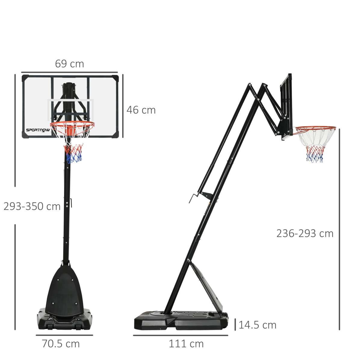Adjustable Basketball Hoop with Weighted Base, Wheels, 2.4-2.9m