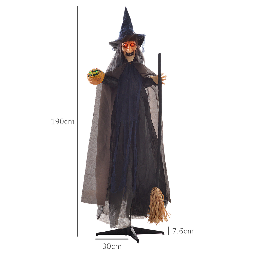 HOMCOM Halloween Witch with Broomstick Animatronic Prop with Light Up Eyes