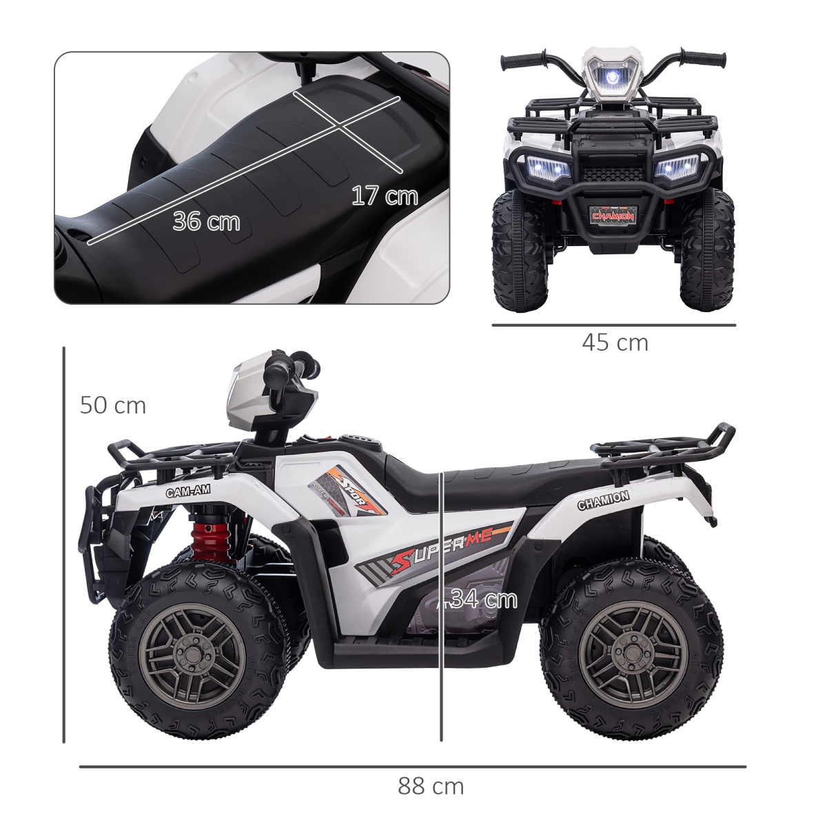 HOMCOM 12V Electric Quad Bike for Kids with LED Headlights, Music - White