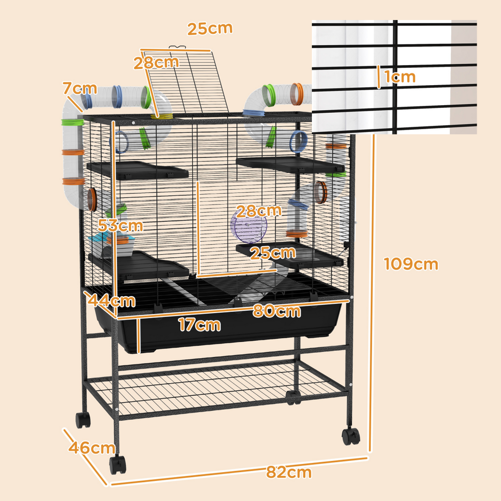 PawHut Large Hamster Cage, Rat Cage with Wheels, Tubes, Storage Shelf, Ramps