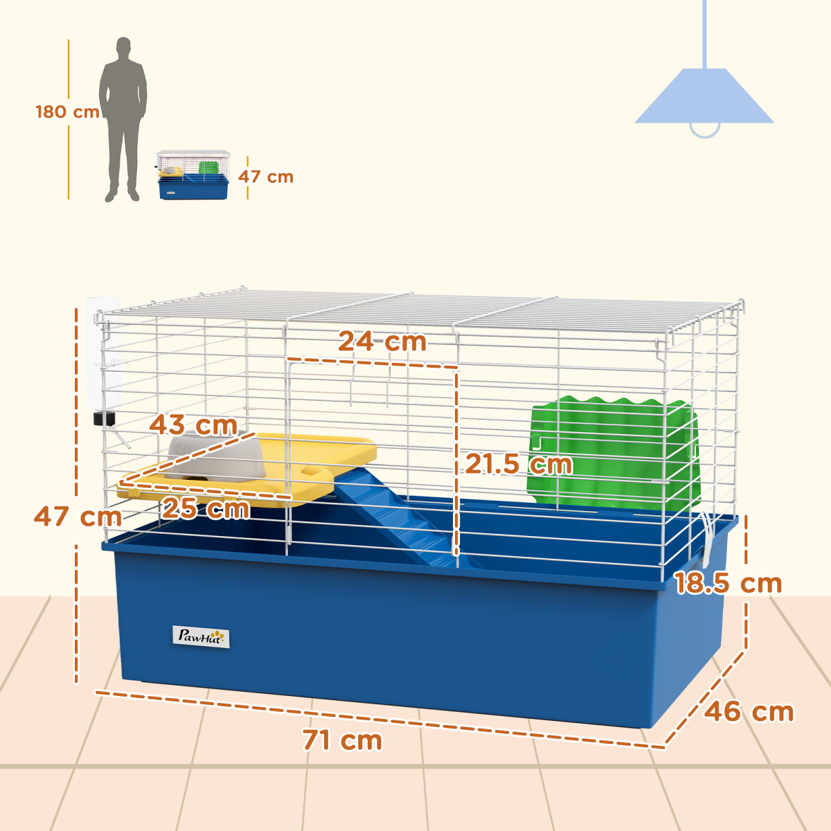 PawHut Small Animal Cage, Rabbit Guinea Pig Hutch, Pet Playhouse, Blue