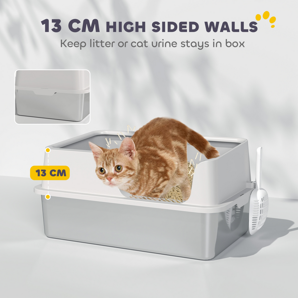 PawHut Stainless Steel Litter Box, High Sided Metal Cat Litter Tray w/ Scoop