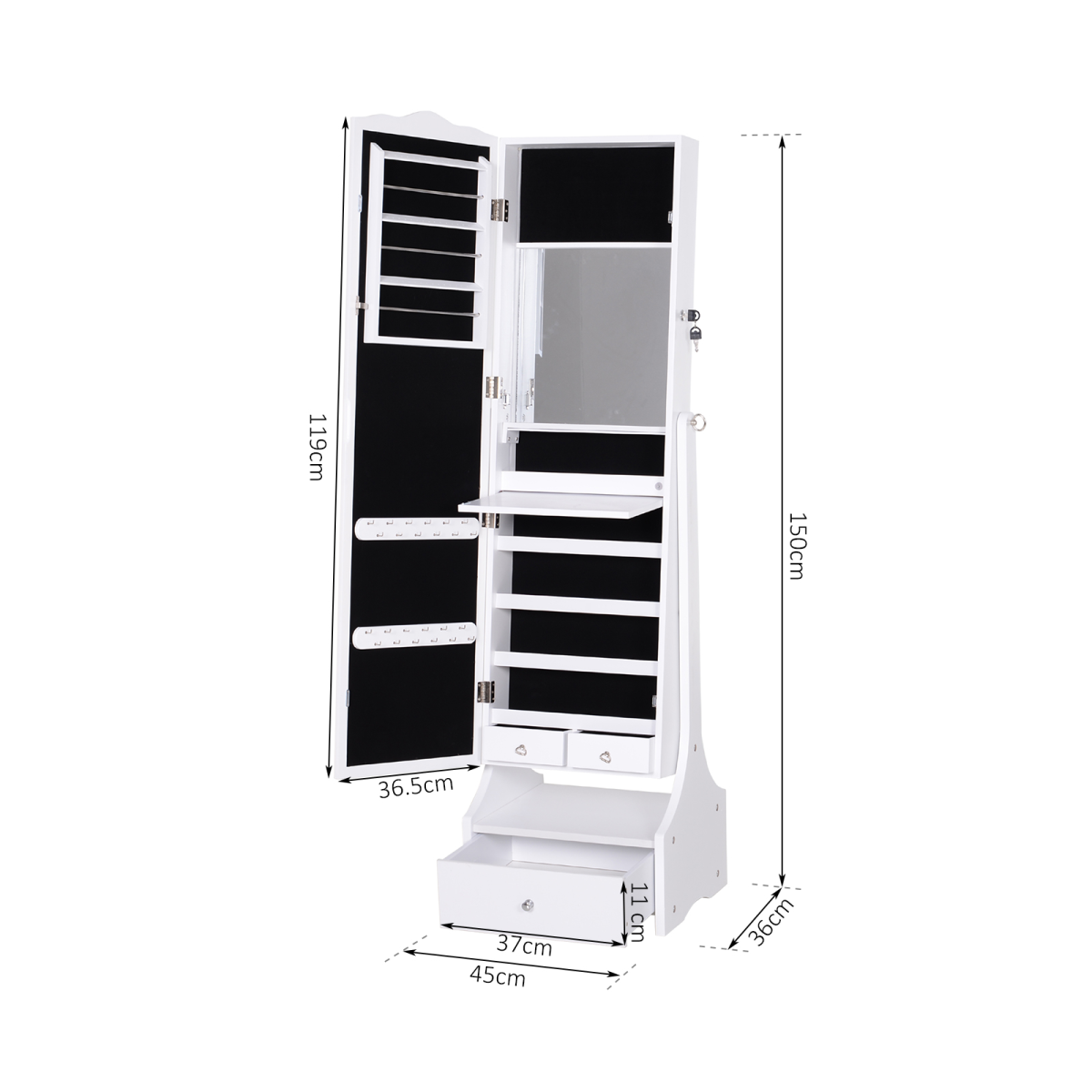 Mirrored Jewelry Cabinet Armoire Floor Standing  Lock, LED Light White