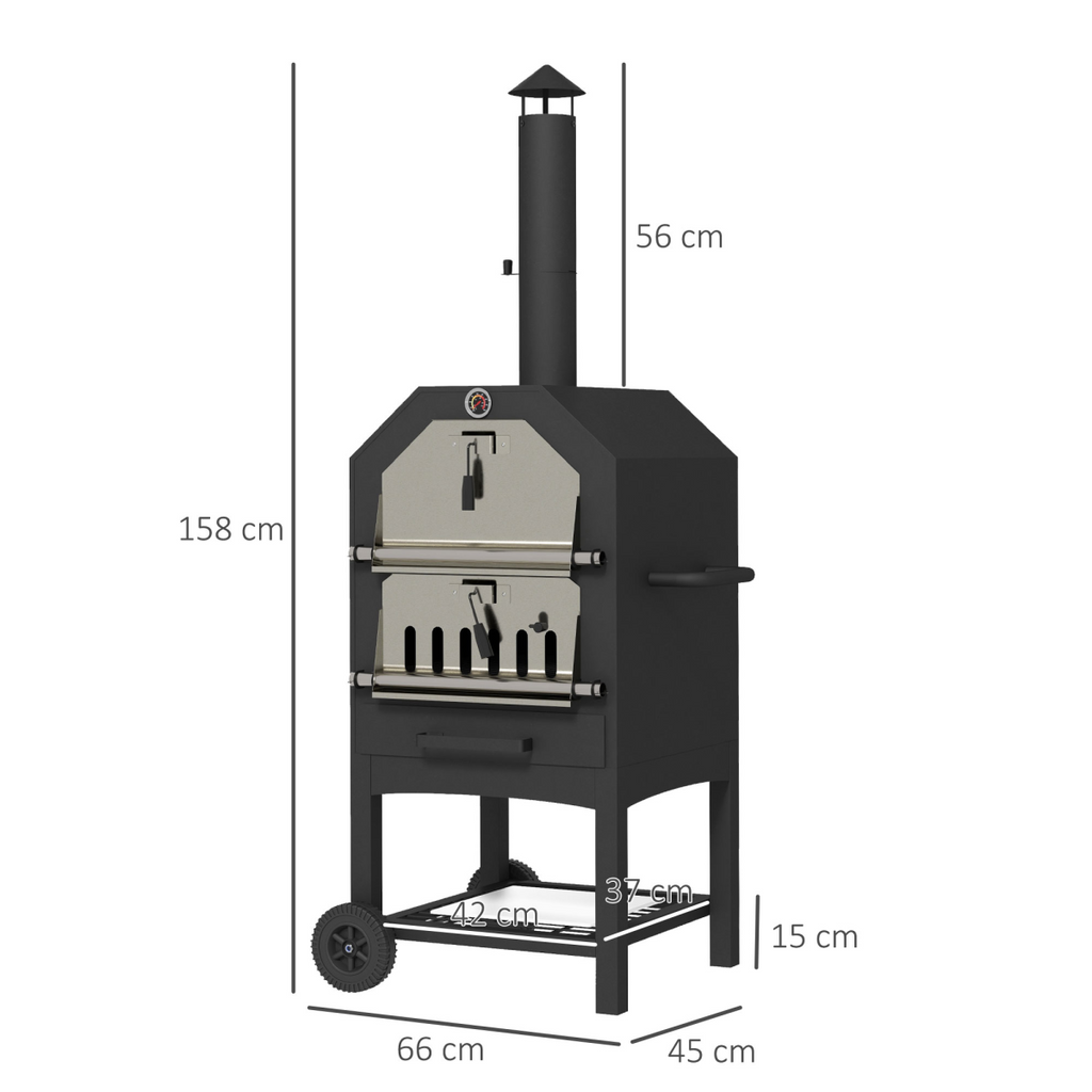 Outsunny Outdoor Pizza Oven Charcoal Grill with Rain Cover, Shelf and Wheels