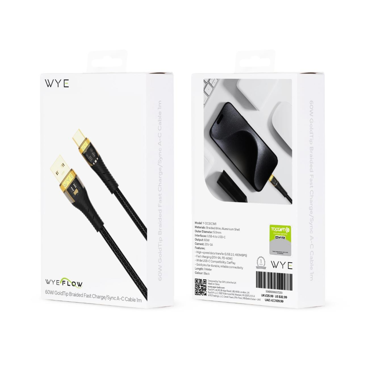 Wyeflow 60W GoldTip Braided Fast Charge/Sync USB to Type C Cable 1m