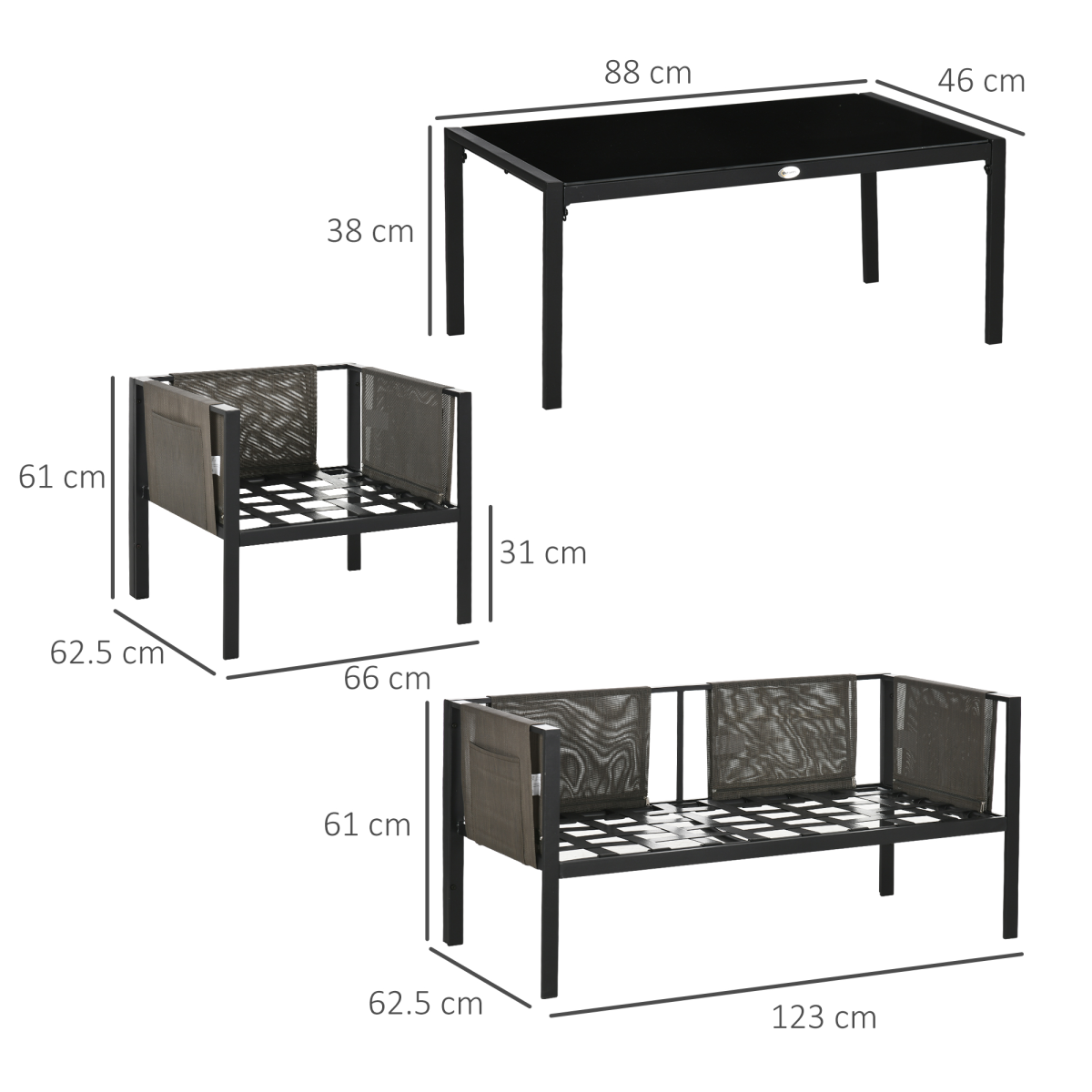Outsunny 4 Piece Garden Sofa Set w/ Tempered Glass Coffee Table Padded Cushions
