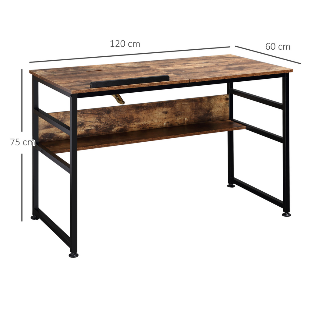 Tiltable Drafting Table Home Office Computer Desk  Shelf, Rustic Brown