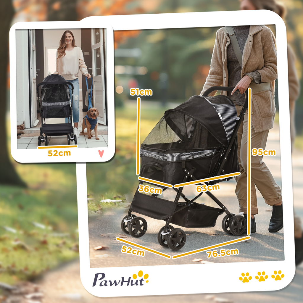 Pet Stroller Dog Foldable Travel Carriage with Reversible Handle, Black