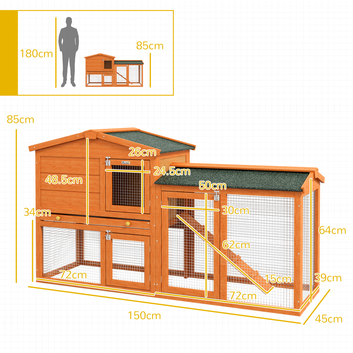 PawHut Wooden Rabbit Hutch with Run, Ramp, Slide-out Tray, Orange