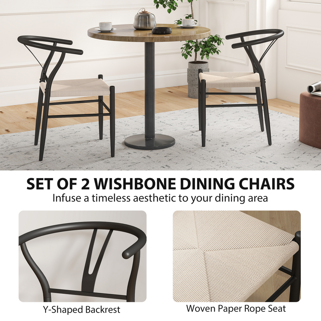 HOMCOM Weave Dining Chairs Set of 2 with Y-Shaped Backrest Hemp Seat Black