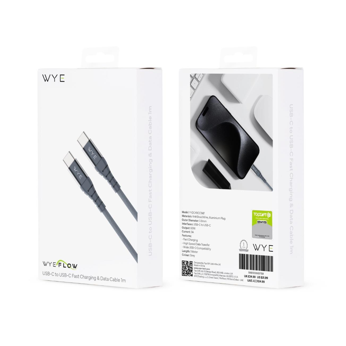 WYEFLOW USB-C to USB-C Fast Charging & Data Cable 1m