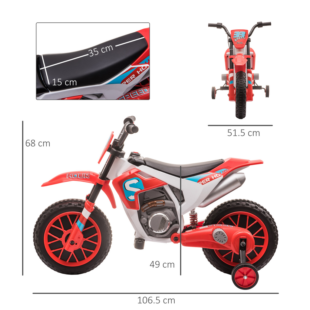 Kids Motorbike Electric Ride-On Toy with Training Wheels, for 3-5 Years - Red