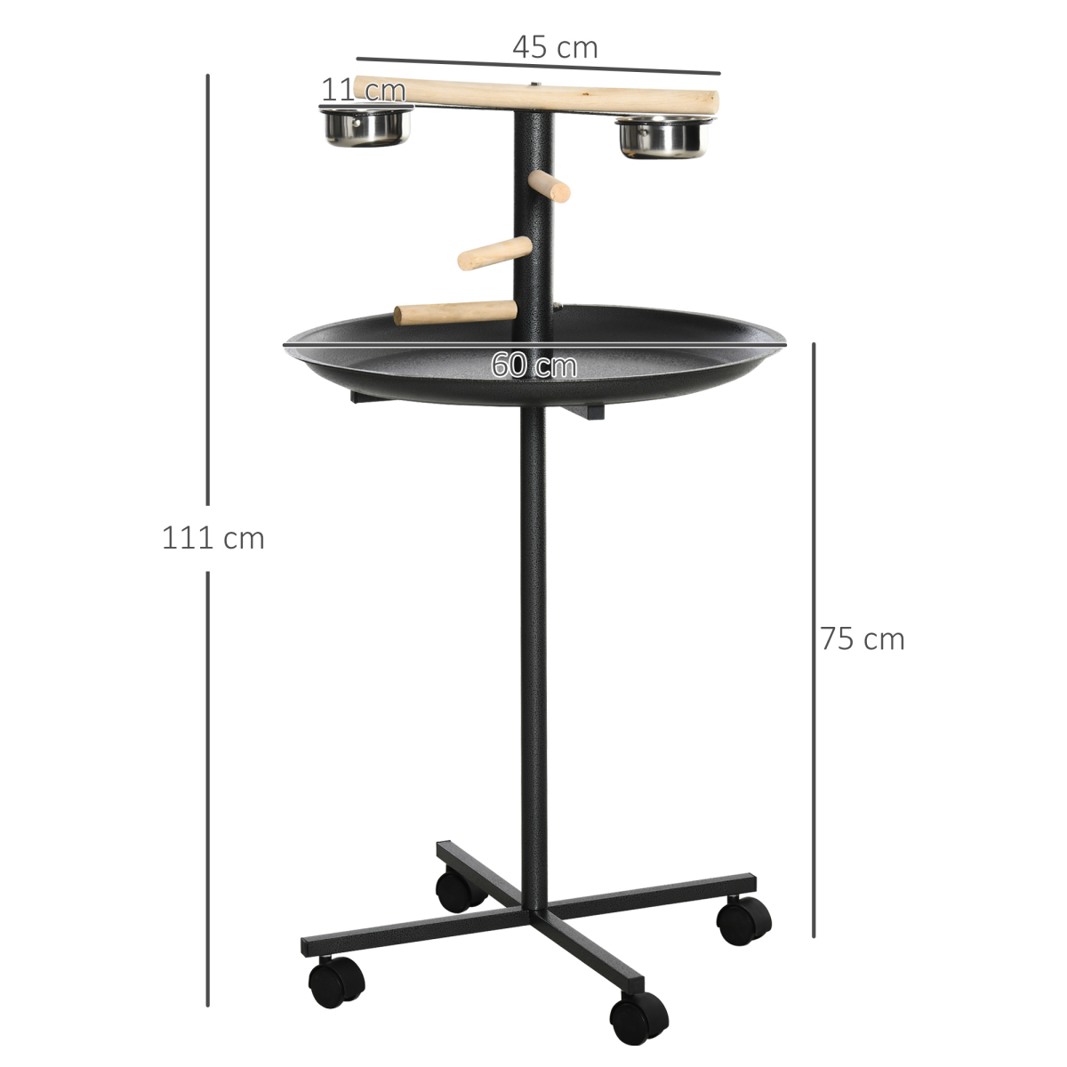 Bird Play Stand Portable Feeder Station w/ Wooden Perches, Stainless Steel Bowls
