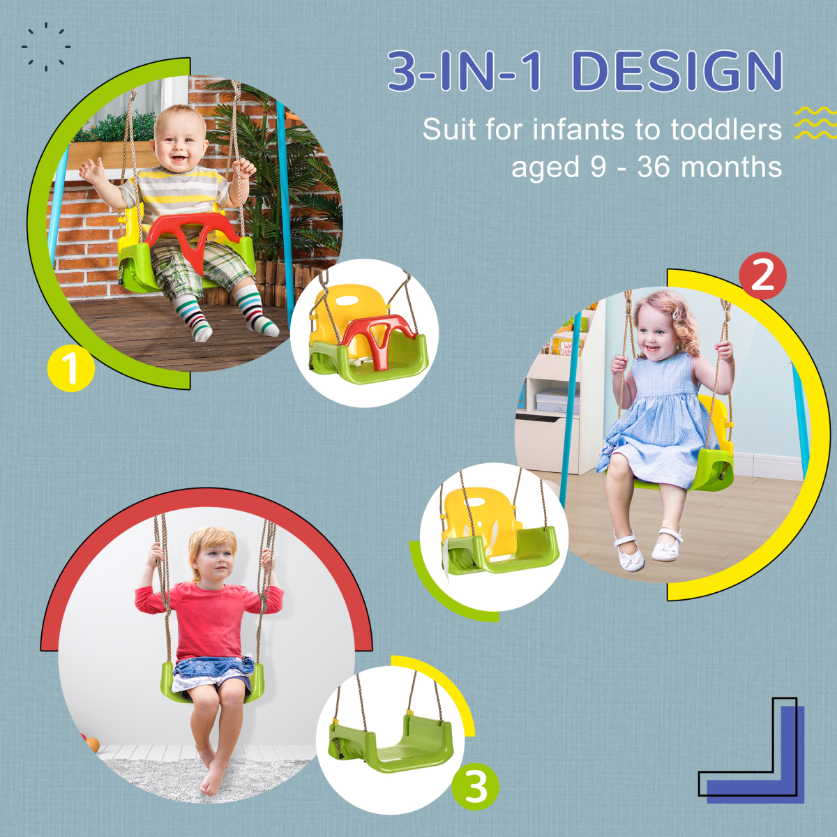 3-in-1 Adjustable Swing for Infants & Toddlers - Safe Indoor & Outdoor Play