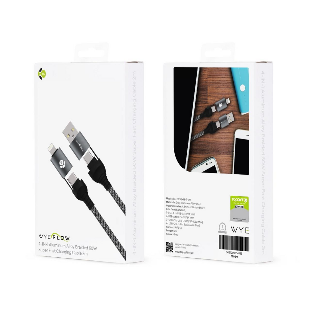 WYEFLOW 4 in 1 Aluminium Alloy Braided 60w Fast Charging Cable 2m