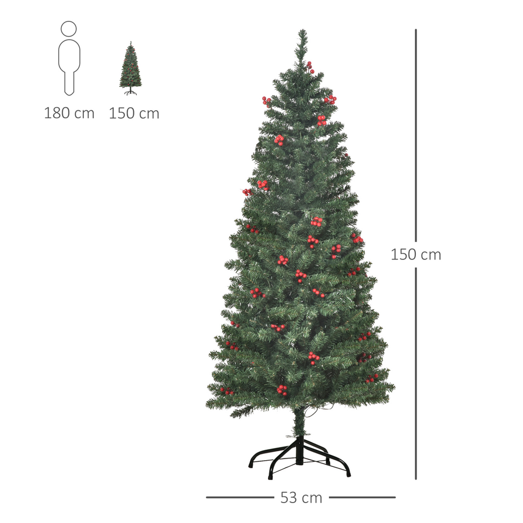 5FT Prelit Artificial Pencil Christmas Tree Warm White LED Red Berry Green