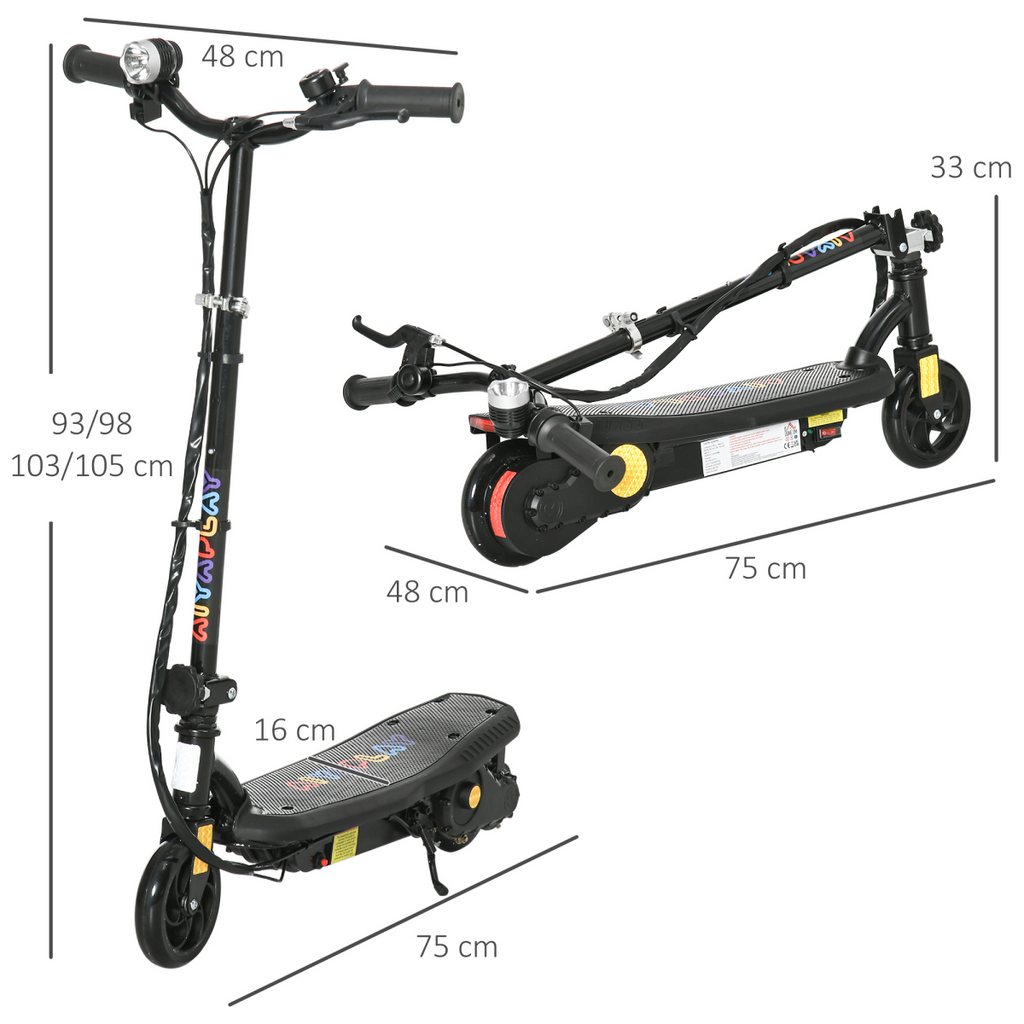 Folding Electric Scooter E-Scooter with LED Headlight, for Ages 7-14 Years - Black